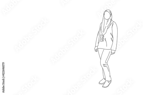 Line art of muslim woman with hijab isolated in white background. Minimalist concept