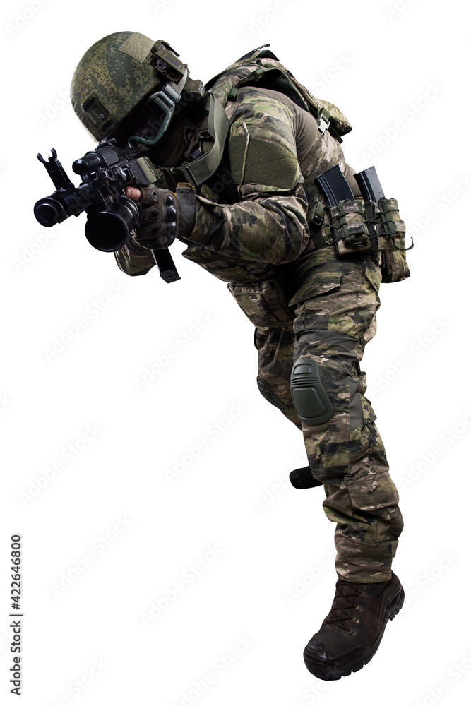 Male soldier in masking camo suit. Shot in studio. Isolated with clipping path on white background.