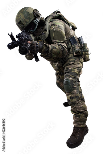 Male soldier in masking camo suit. Shot in studio. Isolated with clipping path on white background.