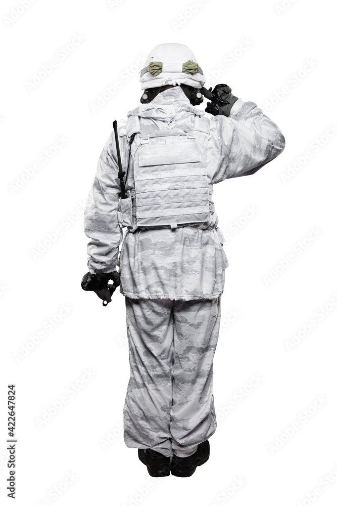 Male in soldier (snow camouflage) uniform with weapon. Shot in studio. Isolated with clipping path on white background Male in soldier (snow camouflage) uniform with weapon. Shot in studio. Isolated with clipping path on white background