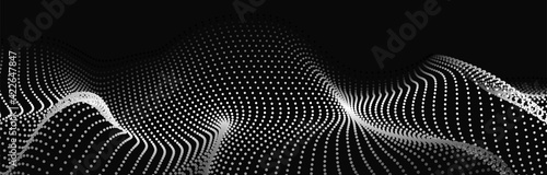 Wave of particles on dark background. Technology backdrop. Pattern for presentations. Vector illustration