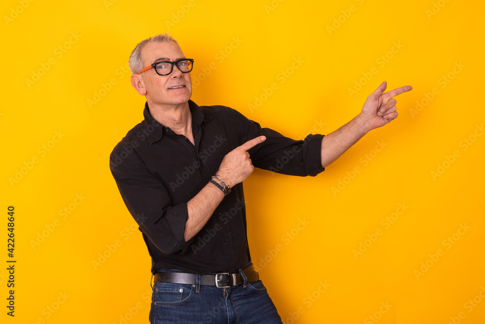 senior man with glasses pointing isolated senior man with glasses pointing isolated