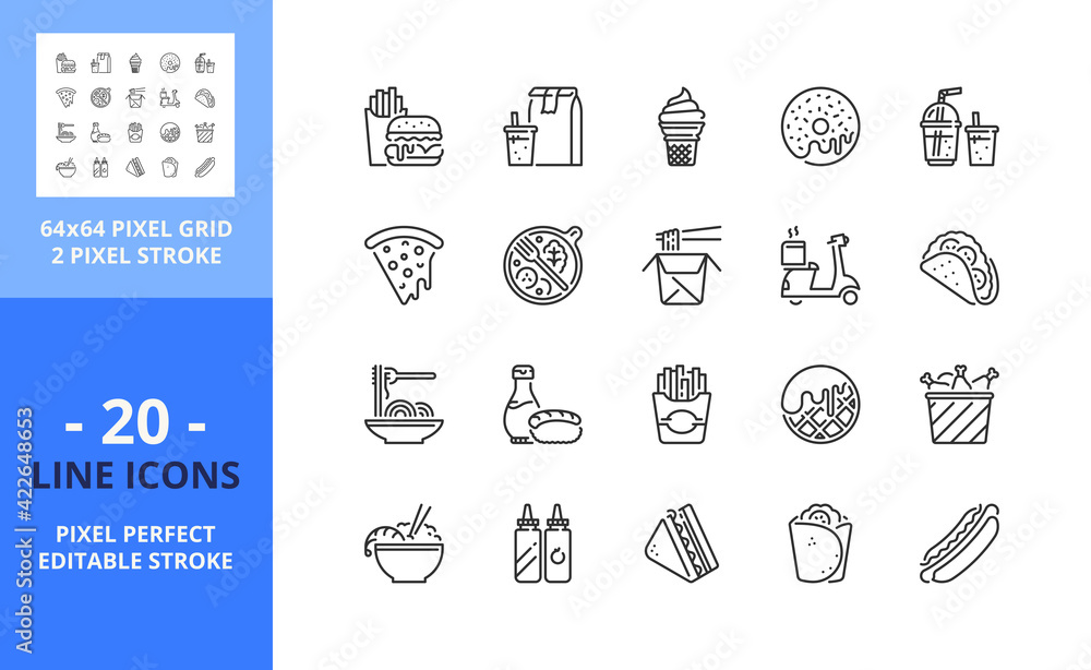 Line icons about fast food. Pixel perfect 64x64 and editable stroke