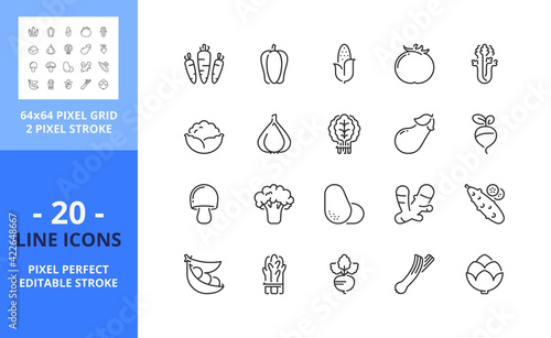 Line icons about vegetables. Pixel perfect 64x64 and editable stroke