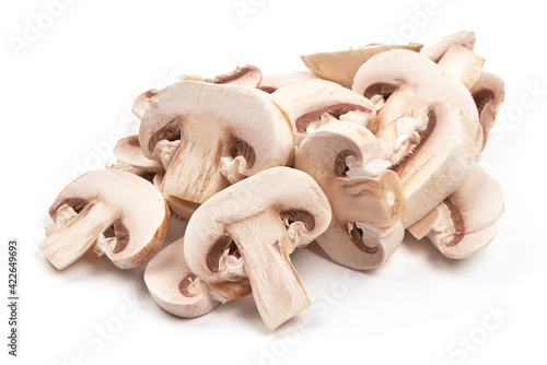 Sliced Champignons, close-up, isolated on white background. High resolution image
