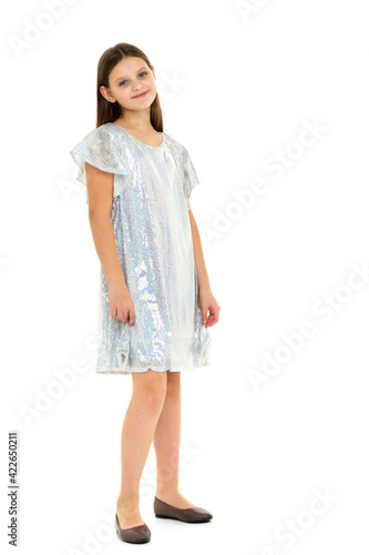 Beautiful long haired girl in shiny trendy dress