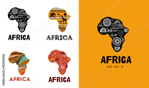 Africa patterned map, logo design. Banner with tribal traditional grunge pattern, elements, concept design