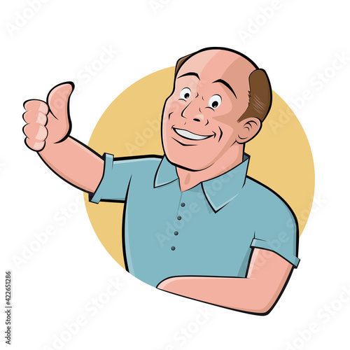 cartoon logo of a handsome bald man with thumbs up