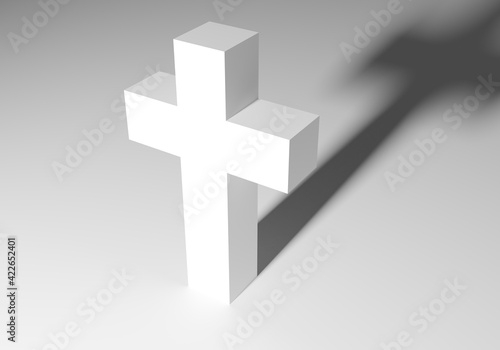 Catholic minimalist cross. Religious symbol of Christianity. Cross as a symbol of religious honor of Christians. White 3D cross casts a shadow. He stands against a light background. 3d illustration.