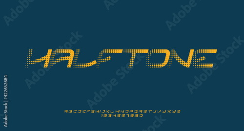 Yellow italic san serif font with halftone effect, suitable for logotype, monogram, headline, poster, banner, and flyer