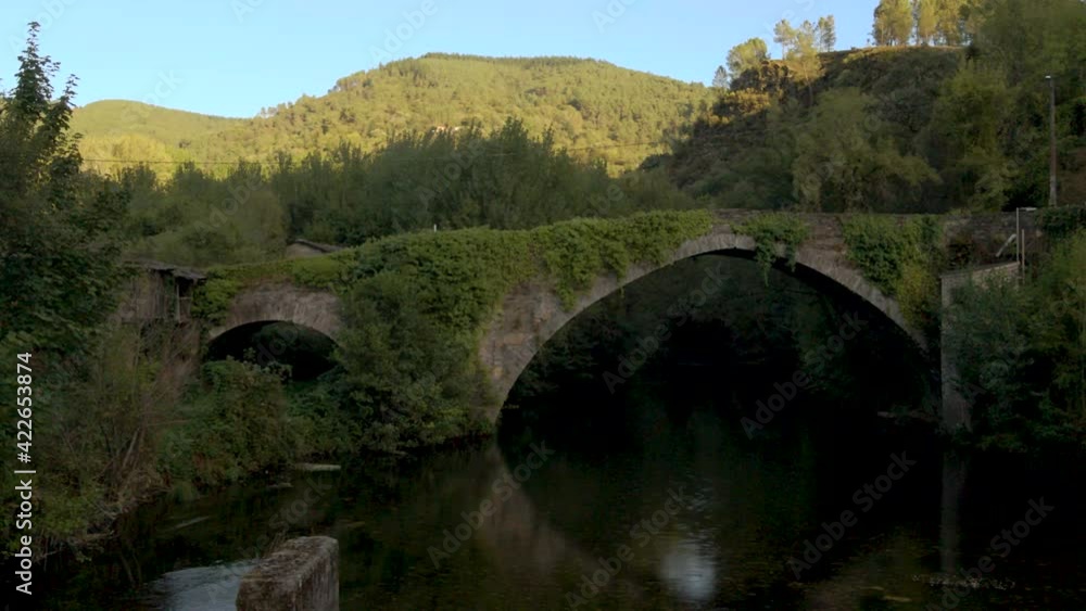 Fly over a river passing under a beautiful stone bridge. The river water has clean but dark, and the bridge is covered with ivy and other plants. Then he walks into the woods. Fly over a river passing under a beautiful stone bridge. The river water has clean but dark, and the bridge is covered with ivy and other plants. Then he walks into the woods.