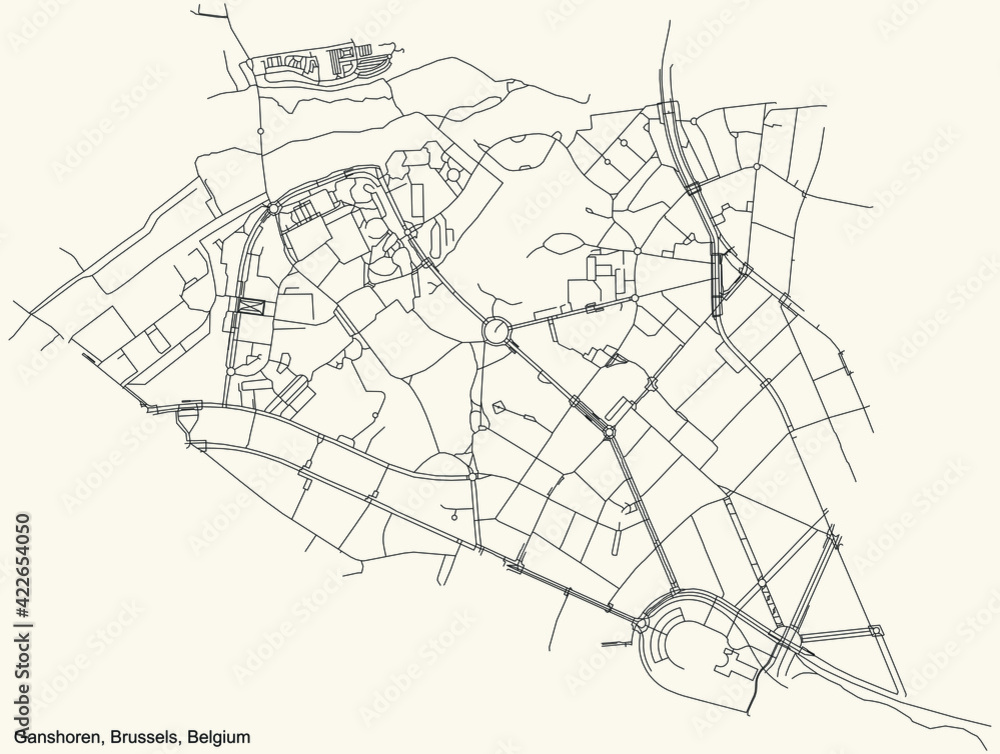 Fototapeta premium Black simple detailed street roads map on vintage beige background of the quarter Ganshoren municipality of Brussels, Belgium