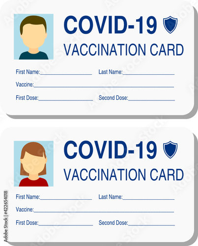 Vaccination card, blue letters on gray backround, male and female photo vectors