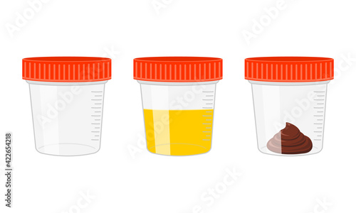 Urine and stool samples, empty and full plastic cups. Urinalysis, poo analysis set. Laboratory examination concept. Vector cartoon illustration.