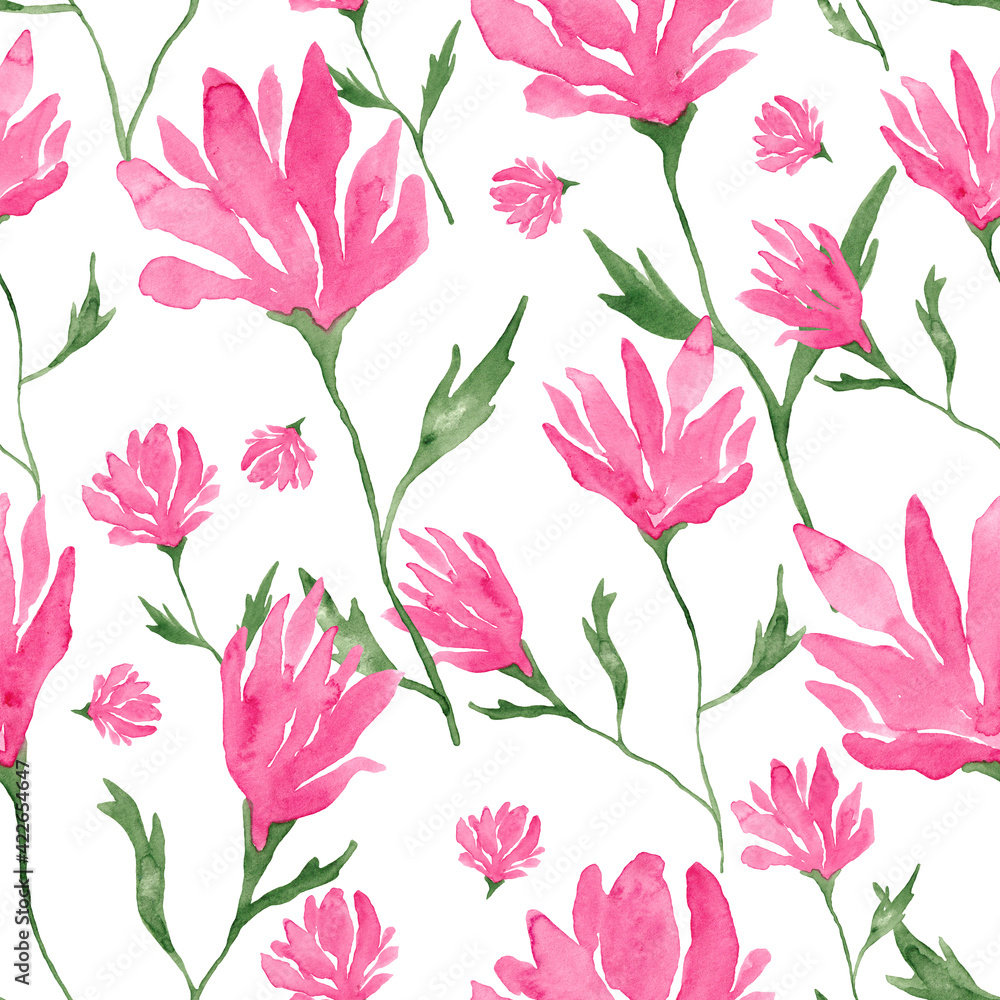 Pink big flowers watercolor painting - seamless pattern on white background