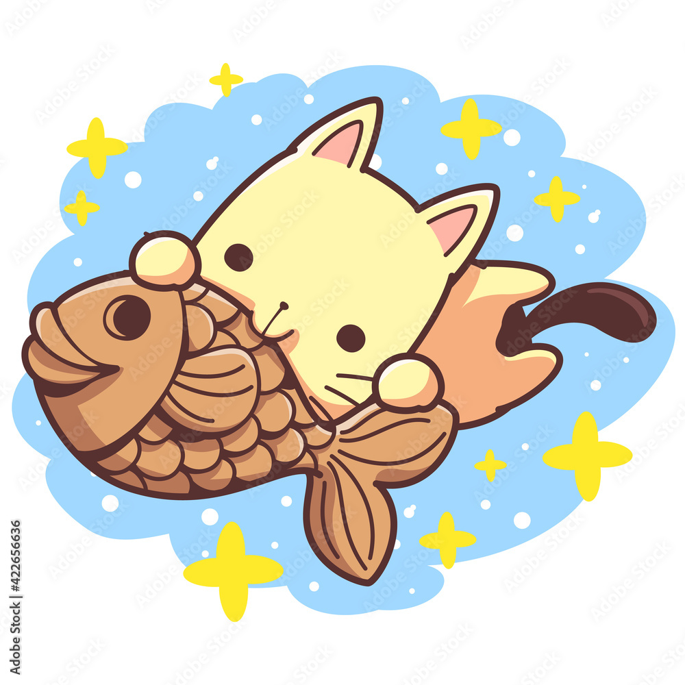 Vector cartoon illustration of Naughty cats eating taiyaki treats. Cat and Taiyaki fish cake cartoon. Fish shaped Japanese sweets. They are great for decoration or as part of a design.