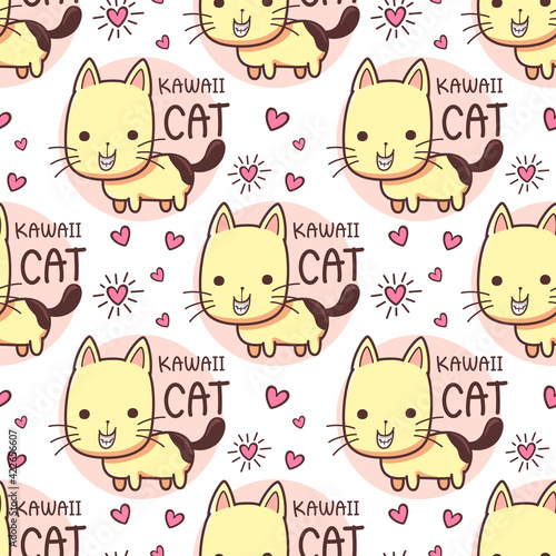 Seamless pattern cats smiling grinning teeth. Cute font lettering the word "Kawaii cate". Vector cartoon illustration. They are great for decoration or as part of a design.