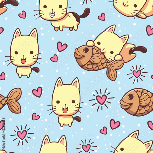 Seamless pattern cats and taiyaki treats. Cat and Taiyaki fish cake cartoon. Yellow cat and Japanese sweets. Vector cartoon illustration. They are great for decoration or as part of a design.