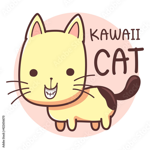 Vector cartoon illustration of Naughty cat standing smiling. Cute cat smiling grinning teeth. Cute font lettering the word "Kawaii cate". They are great for decoration or as part of a design.