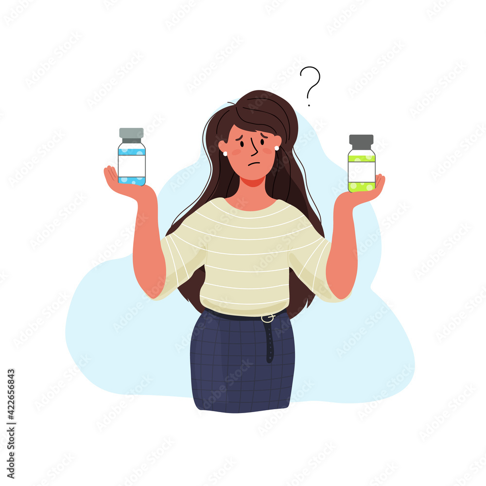 The girl is holding two vaccines in her hands. She is not sure which is better, comparing antibiotics with each other. The girl is holding two vaccines in her hands. She is not sure which is better, comparing antibiotics with each other.