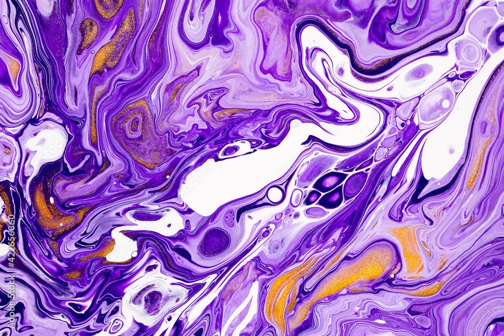 Fluid art texture. Abstract background with mixing paint effect. Liquid acrylic picture that flows and splashes. Mixed paints for background or poster. Violet, white and golden overflowing colors.