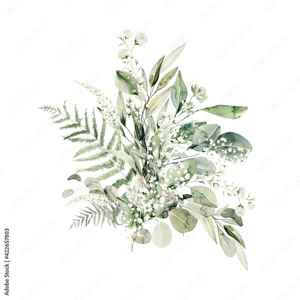 custom made wallpaper toronto digitalWatercolor floral composition. Hand painted forest leaves of fern, eucalyptus, gypsophila. Green bouquet isolated on white background. Botanical illustration for design, print