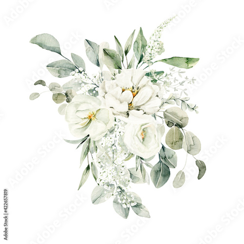 Fototapeta Naklejka Na Ścianę i Meble -  Watercolor floral composition. Hand painted white flowers, forest leaves of fern, eucalyptus, gypsophila. Green bouquet isolated on white background. Botanical illustration for design, print