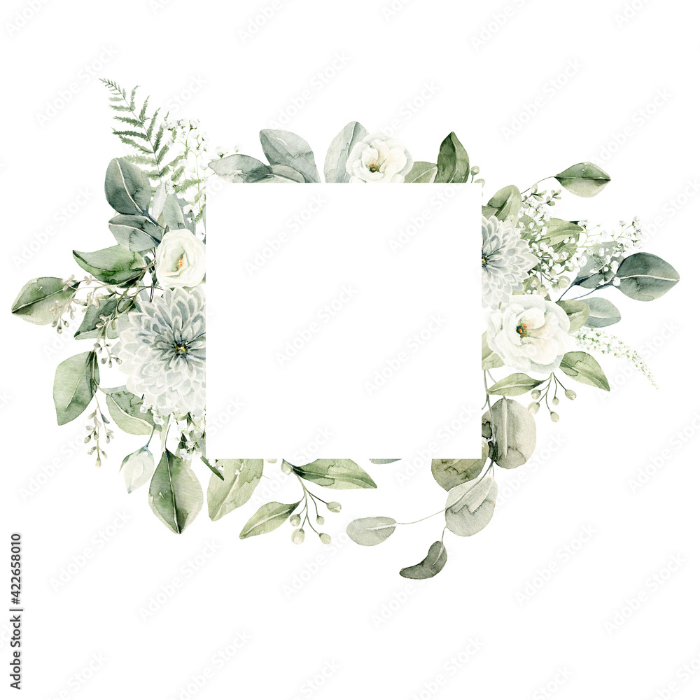 Watercolor floral wreath of greenery. Hand painted frame of white ...