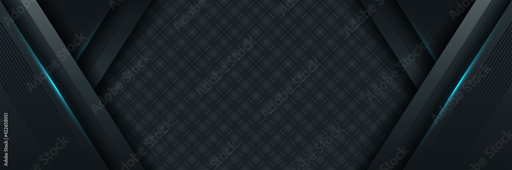 Obraz premium Dark blue abstract dynamic background with overlap layers. 3d cover science, futuristic, energy technology concept of business presentation banner for sale event night party