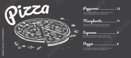 Hand-drawn menu template with whole pizza and cut piece. Chalk drawn pizza on a blackboard. Design element for posters, packaging for cafes, restaurants. Vector illustration.