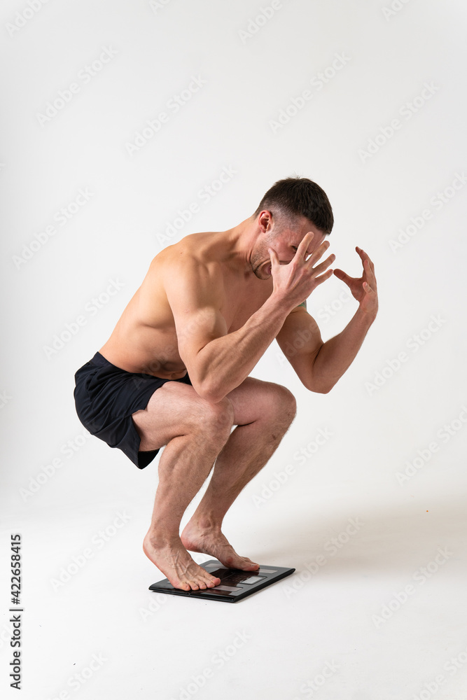 Obraz premium Man with weights health pondered, health and sports on a white background ache sore injury, ill sick isolated background stress, human chronic. lumbar therapy, lower suffer attractive