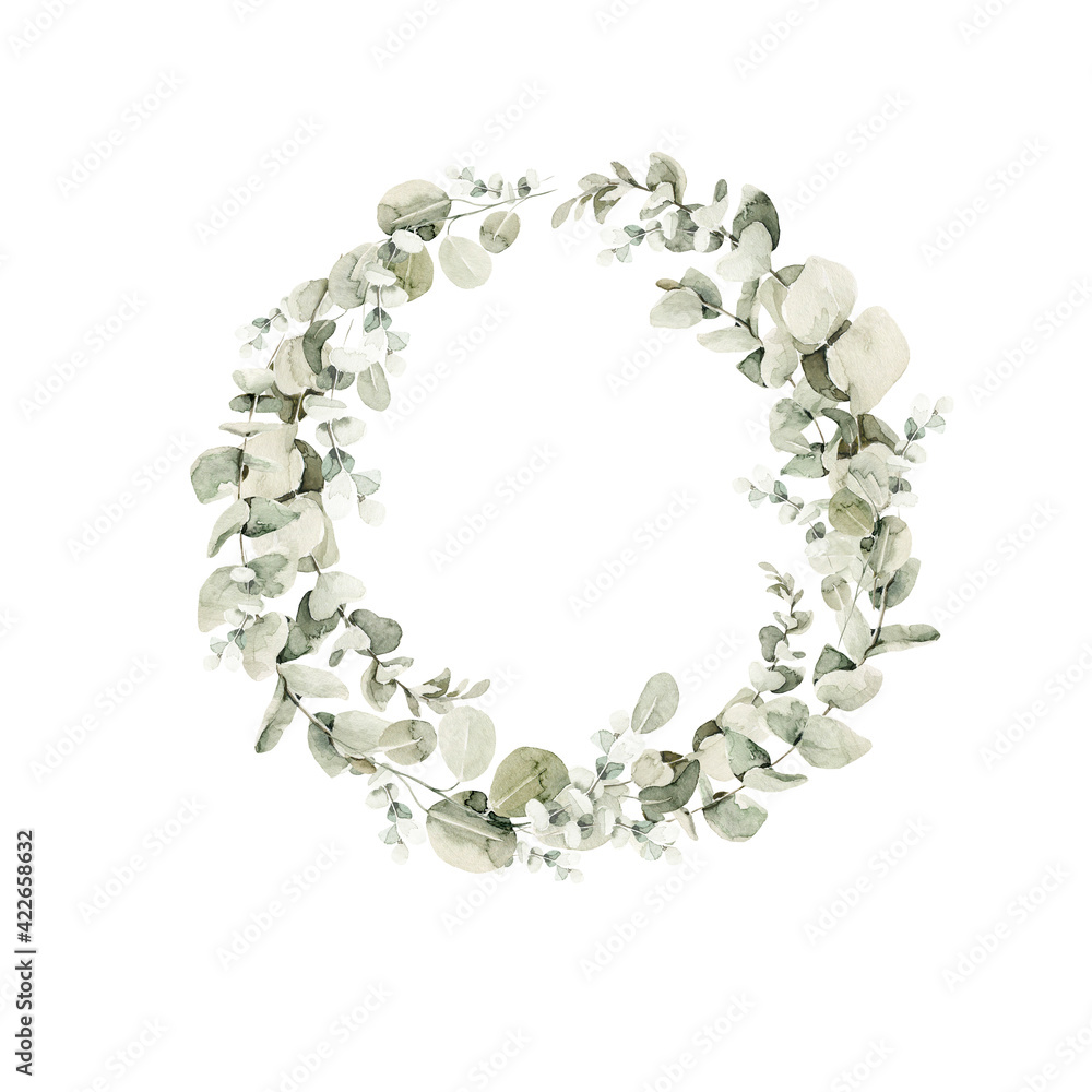 Obraz premium Watercolor floral wreath of greenery. Hand painted frame of green eucalyptus leaves, forest leaf isolated on white background. Botanical illustration for design, print, wedding card