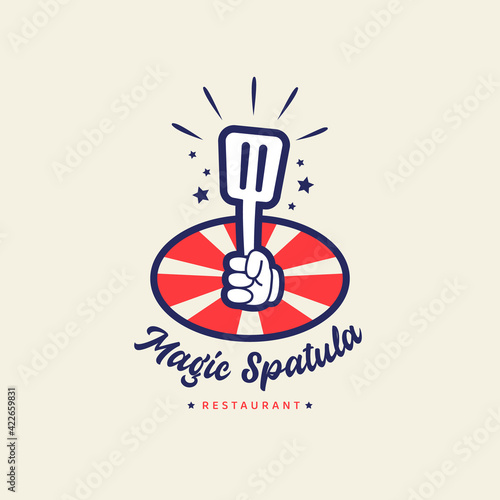 Magic spatula restaurant cafe bistro logo with hand holding magical spatula in cartoon retro vintage style badge icon