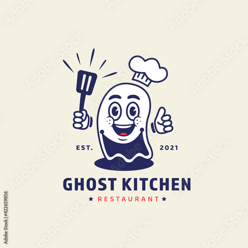 Ghost chef holding spatula mascot character illustration for ghost kitchen online restaurant concept logo in retro vintage cartoon style