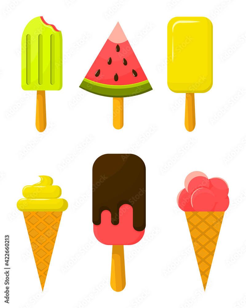 Vectrum set of ice cream. Ice cream in the shape of a watermelon. Fruit icecream. Summer illustration of an isolated set of ice cream on a white background Vectrum set of ice cream. Ice cream in the shape of a watermelon. Fruit icecream. Summer illustration of an isolated set of ice cream on a white background