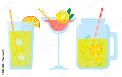 Vector set of cocktails isolated on white background. Mikch alcoholic and non-alcoholic drinks. A set of classic cold cocktails. Summer cocktail drink illustration.