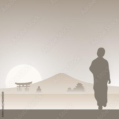 woman in kimono with japanese landmarks on gray background illustration vector. Travel concept.