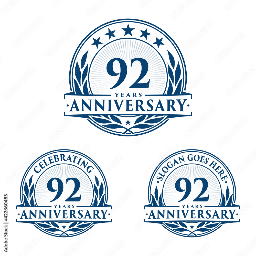 92 years anniversary logo set. 92nd years anniversary celebration logotype. Vector and illustration. 92 years anniversary logo set. 92nd years anniversary celebration logotype. Vector and illustration.
