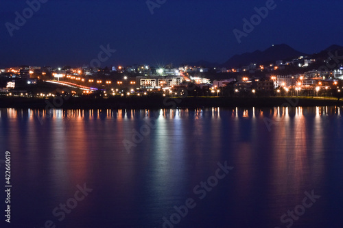 Tirana lake nightscape long exposure, copy space © Evis