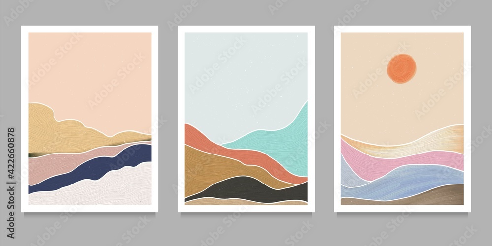 set of creative minimalist hand painted illustrations of Mid century modern. Natural abstract landscape background. mountain, forest, sea, sky, wave set of creative minimalist hand painted illustrations of Mid century modern. Natural abstract landscape background. mountain, forest, sea, sky, wave