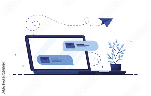 Vector illustration of email marketing and message concept. Letter in an envelope. Laptop with chat. Flat design. Blue. On white background. Eps 10