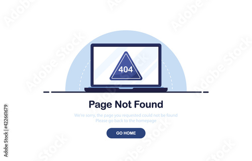 Vector illustration 404 error page not found banner. Laptop with warning sign and text 404. System error, broken page. For website. Web Template. Blue. Eps 10