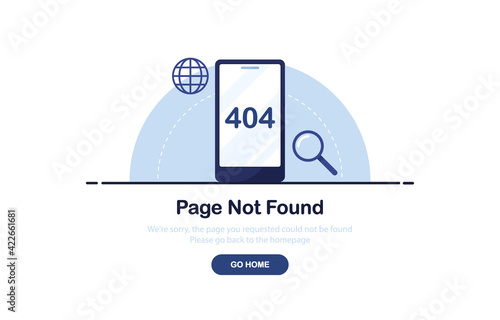 Vector illustration 404 error page not found banner. Phone with text 404. System error, broken page. For website. Web Template. Blue. Eps 10