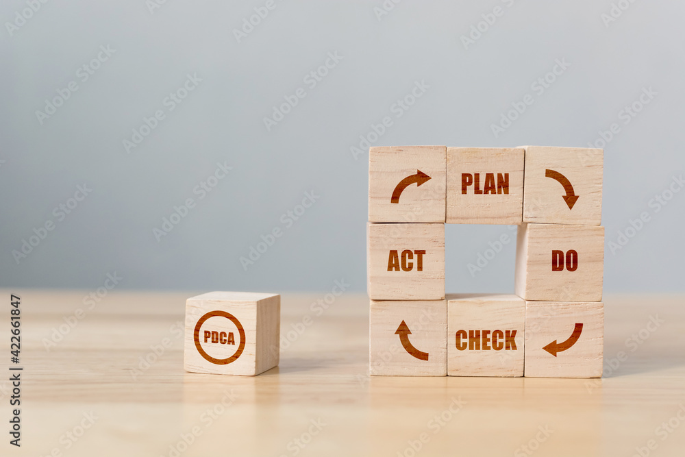 Cubes dice wooden block with text plan, do, check, act - pdca concept Cubes dice wooden block with text plan, do, check, act - pdca concept
