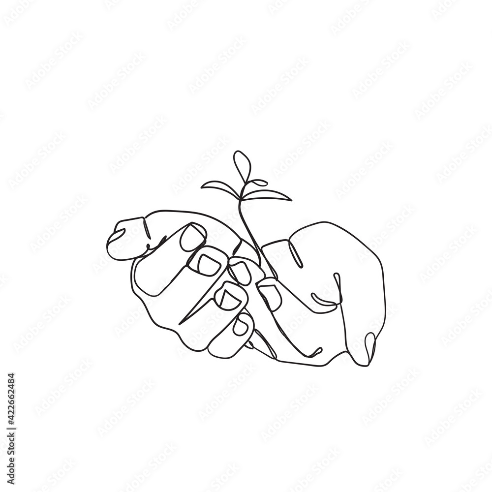 hand drawing continuous line doodle of back to nature theme with hands holding a plant hand drawing continuous line doodle of back to nature theme with hands holding a plant