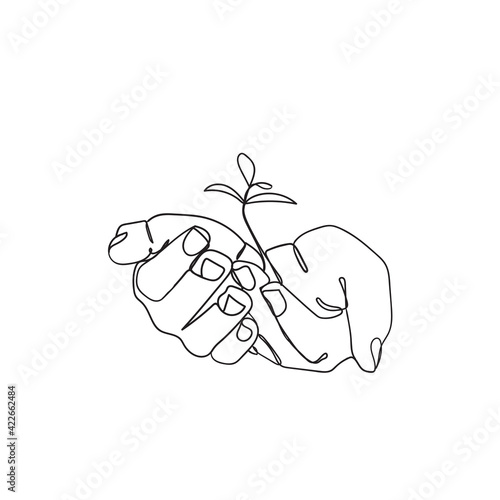 hand drawing continuous line doodle of back to nature theme with hands holding a plant
