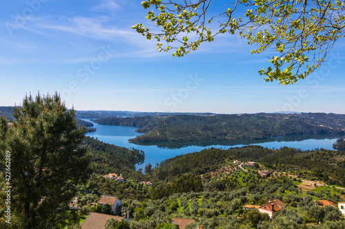 Landscape view from the lake of the vacation spot of Castelo de Bode, Portugal. Viewpoint of Fontes with scenic view from the lake