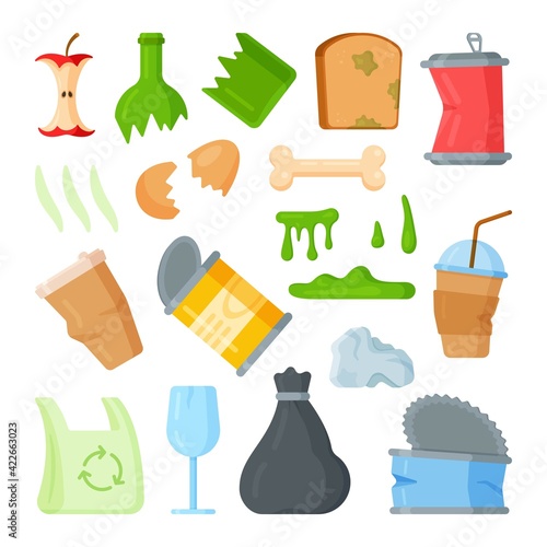 A set of cartoon drawings of garbage. Vector illustration of garbage collection in a container. Bottles, cans, canned food, leftovers, gaskets, broken things. 