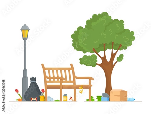 A walk in the park. Vector illustration of a park bench standing near a tree. Spending the weekend with benefit.