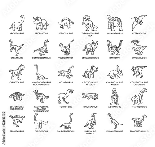 Set of dinosaur thin line and pixel perfect icons for any web and app project.